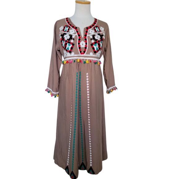 Vintage 70s Afghan Embroidery Hippie Maxi dress Tunic Bohemian Style LG - Picture 2 of 13